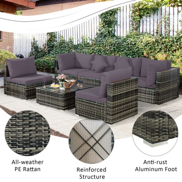 Patiojoy 7PCS Patio Rattan Furniture Set Sectional Sofa Garden Gray Cushion HW68058 5