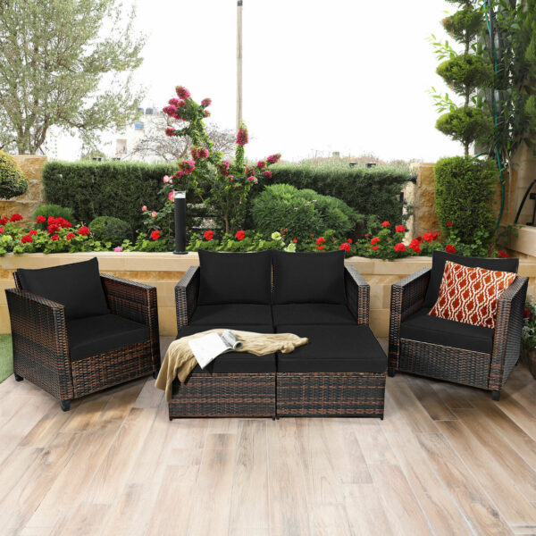 Patiojoy 5PCS Patio Rattan Furniture Set Loveseat Sofa Ottoman Cushioned Black HW67697ABK+ 2