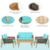 Costway 4PCS Patio Rattan Furniture Set Acacia Wood Cushioned Sofa Turquoise 5