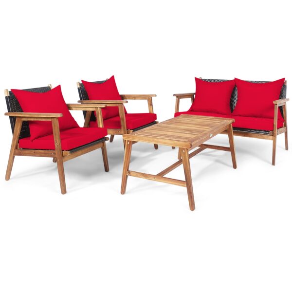 4PCS Patio Rattan Furniture Set Acacia Wood Frame Cushioned Sofa Chair Red HW66517RE+ 1