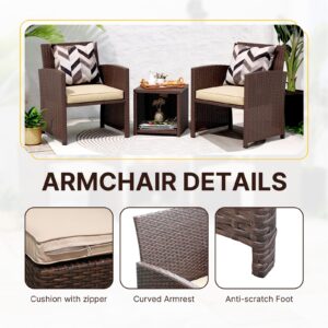 JARDINA 5PCS Outdoor Garden Rattan Patio Furniture Set with Beige Cushions, Brown Wicker Chair with Ottoman, Storage Table 2