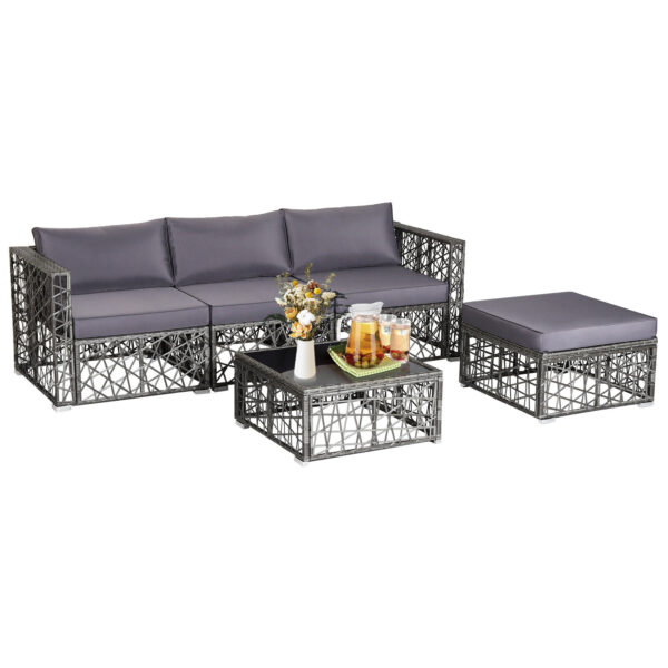 Patiojoy 5 Pieces Patio PE Rattan Wicker Sofa Furniture Set Cushioned Outdoor Grey 1