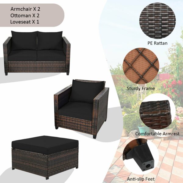 Patiojoy 5PCS Patio Rattan Furniture Set Loveseat Sofa Ottoman Cushioned Black HW67697ABK+ 5
