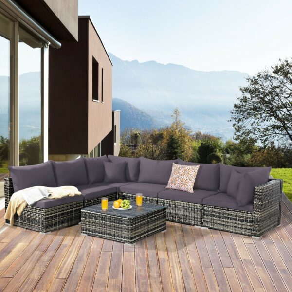 Patiojoy 7PCS Patio Rattan Furniture Set Sectional Sofa Garden Gray Cushion HW68058 3