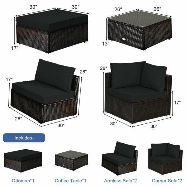 Patiojoy 6PCS Outdoor Patio Rattan Furniture Set Cushioned Sectional Sofa Black HW63878BK+ 6
