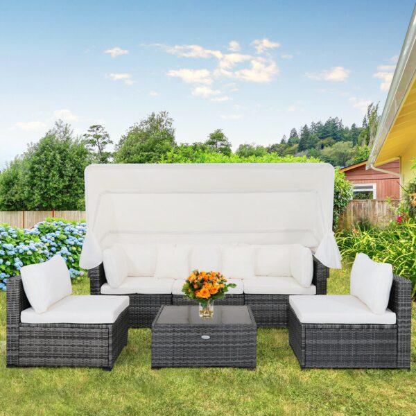 6-Piece Outdoor Patio Furniture Set Retractable Canopy Conversation Set HW69177+ 4