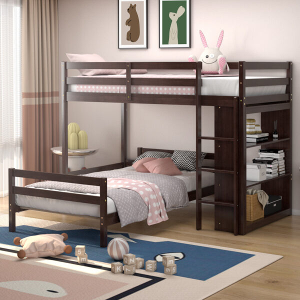 Twin Over Twin Loft Bunk Bed Wood w/Bookcase Guardrail Ladder Kids Bedroom HU10042ES+ 1