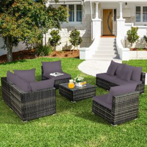 Patiojoy 7PCS Patio Rattan Furniture Set Sectional Sofa Garden Gray Cushion HW68058 2