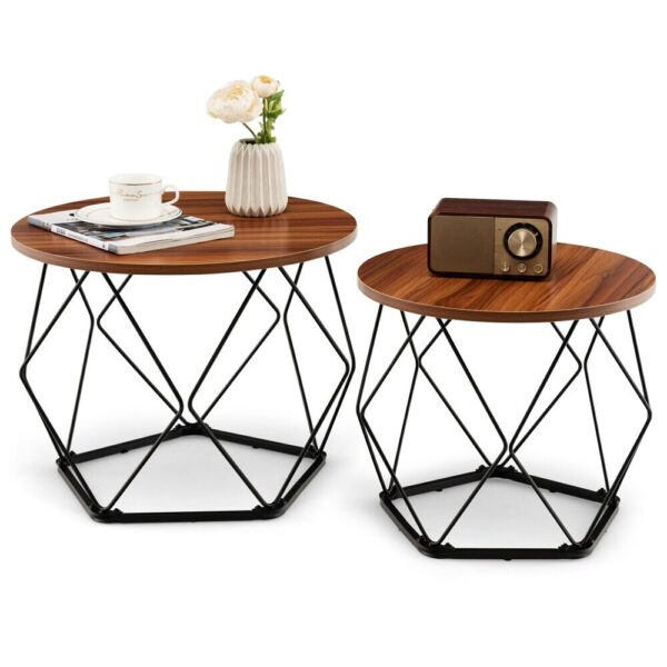 Costway Round Coffee Table Set of 2 Modern Accent Side Table w/ Steel Base Rustic Brown 1