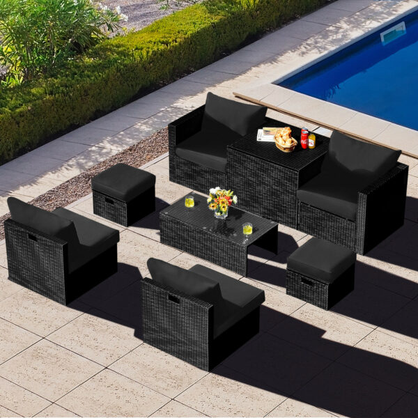 Patiojoy 8PCS Patio Rattan Furniture Set Storage Table Ottoman Black HW68605DK+ 2