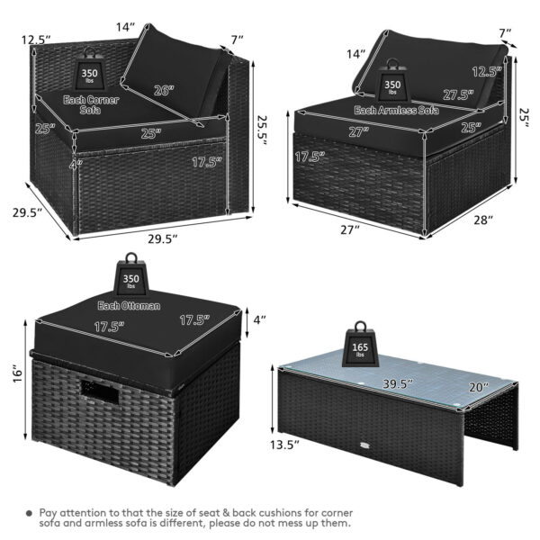 Patiojoy 8PCS Patio Rattan Furniture Set Storage Table Ottoman Black HW68605DK+ 6