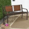 Patio Garden Bench Steel Frame Rattan Backrest Park Yard Outdoor Porch Furniture HW66421 4