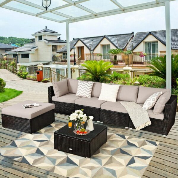 6PCS Outdoor Patio Rattan Furniture Set Cushioned Sectional Sofa Ottoman HW63878+ 3