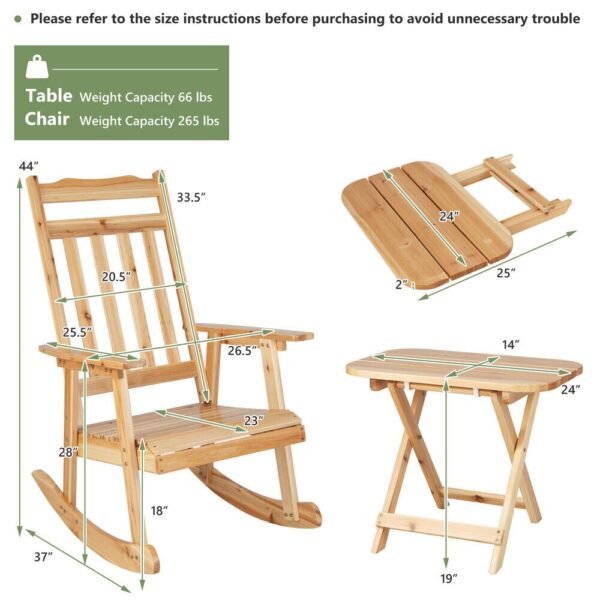 Costway 4PCS Patio Wooden Rocking Chair Bistro Set High Backrest W/Folding Side Table 2
