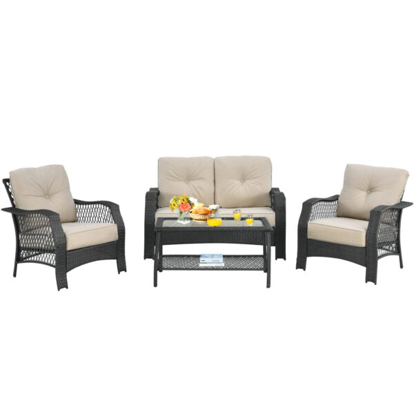 Patiojoy 4PCS Patio Wicker Furniture Set Loveseat Sofa Coffee Table W/ Cushion NP10087WL-BE 1