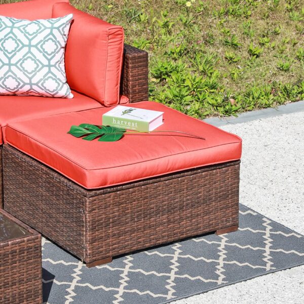 JARDINA 7PCS Outdoor Patio All Weather Rattan Furniture Sofa Set Couch Chair Ottoman with Glass Top Coffee Table Brown Wicker 3