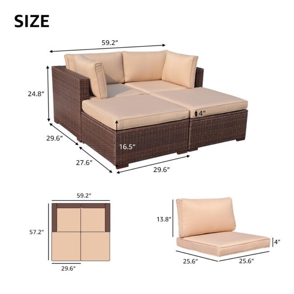 JARDINA 4PCS Patio Furniture Sectional Set with Ottomans Outdoor All-Weather PE Rattan Brown Wicker 6