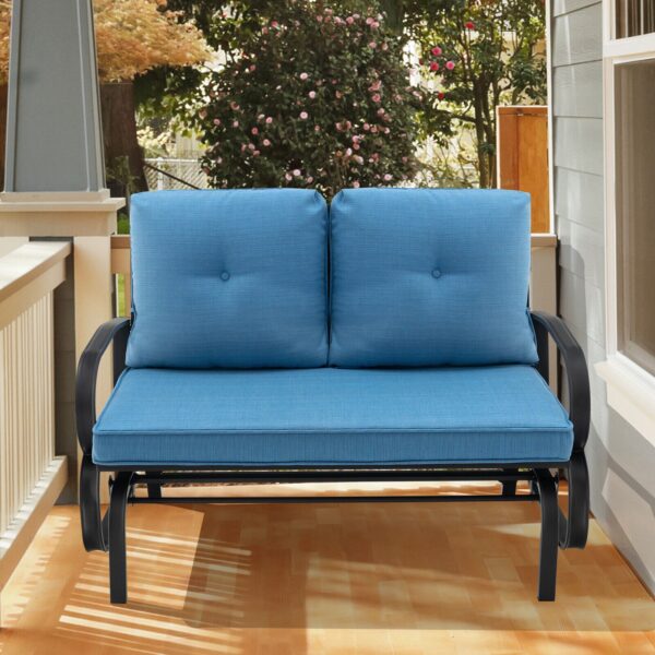 Patiojoy Patio 2-Person Glider Bench Rocking Loveseat Cushioned Armrest Blue 5