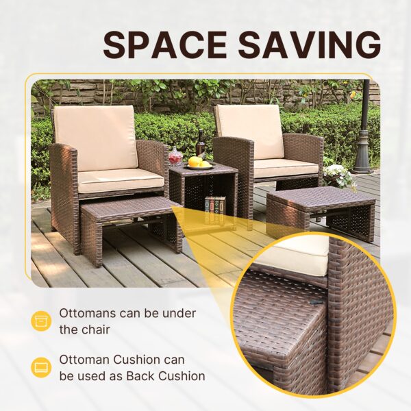 JARDINA 5PCS Outdoor Garden Rattan Patio Furniture Set with Beige Cushions, Brown Wicker Chair with Ottoman, Storage Table 3