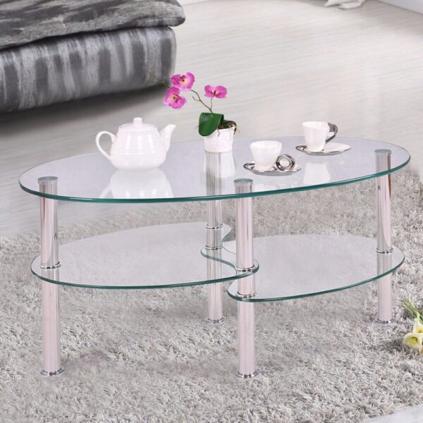 Goplus Tempered Glass Oval Side Coffee Table Shelf Chrome Base Living Room Clear Black Modern Coffee Table HW54317 2