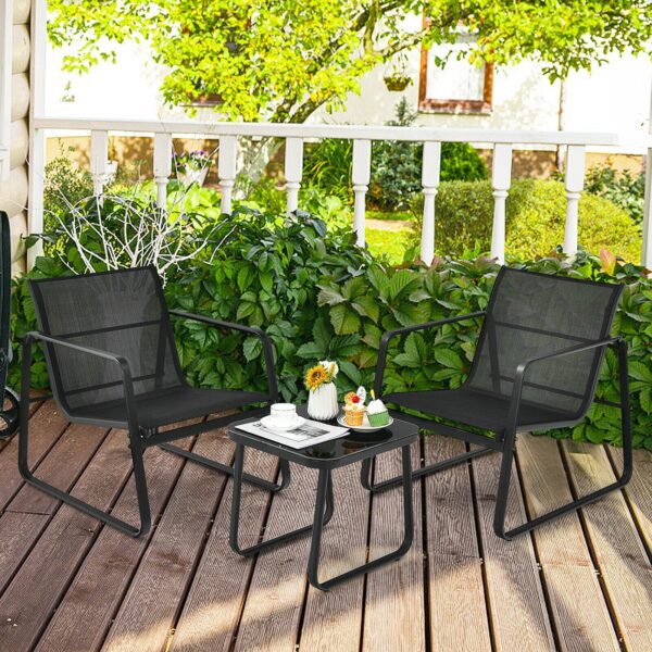 Patiojoy 3PCS Patio Bistro Furniture Set Glass Top Table Garden Deck Black NP10061BK 3