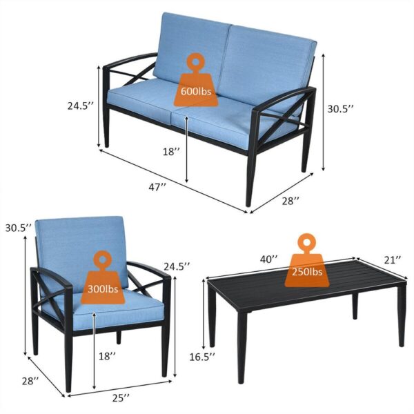 8PCS Patio Furniture Set Aluminum Frame Cushioned Sofa Chair Coffee Table Blue 2*HW65783+ 2