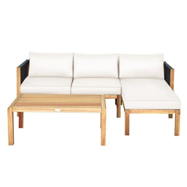 Costway 3PCS Patio Acacia Wood Sofa Furniture Set Thick Cushion W/Nylon Rope Armrest 1