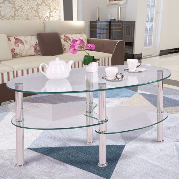 Goplus Tempered Glass Oval Side Coffee Table Shelf Chrome Base Living Room Clear Black Modern Coffee Table HW54317 1