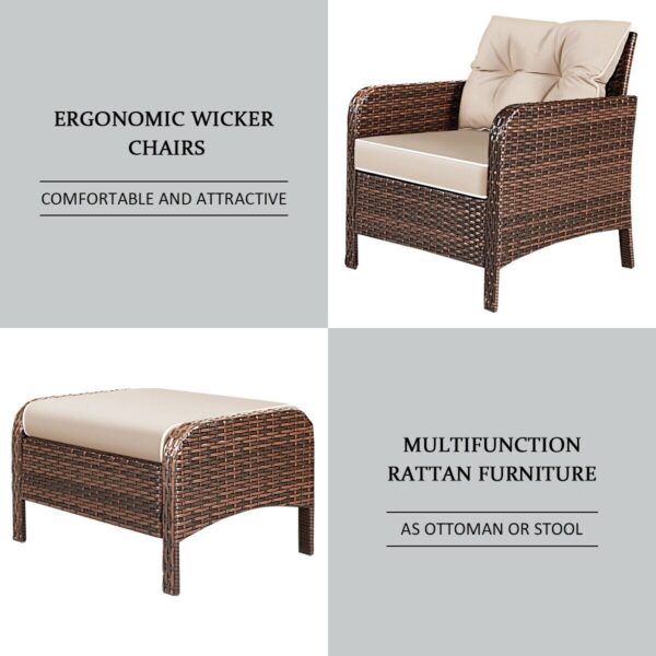 Costway 5 PCS Rattan Wicker Furniture Set Sofa Ottoman W/Brown Cushion Patio Garden Yard HW54520CF+ 3