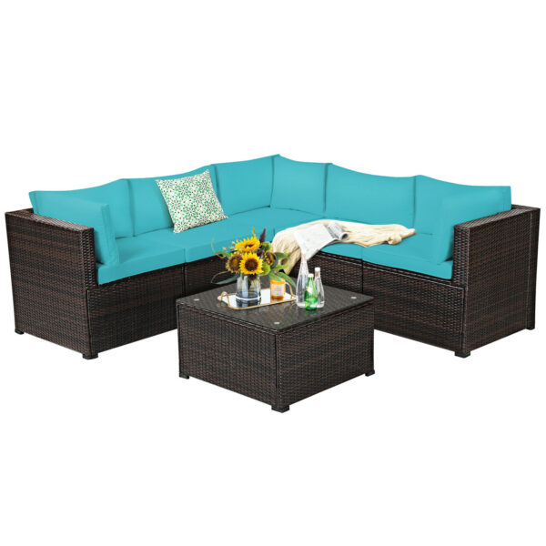 Patiojoy 6PCS Patio Rattan Furniture Set Sectional Cushioned Sofa Deck Turquoise HW68449TU+ 1