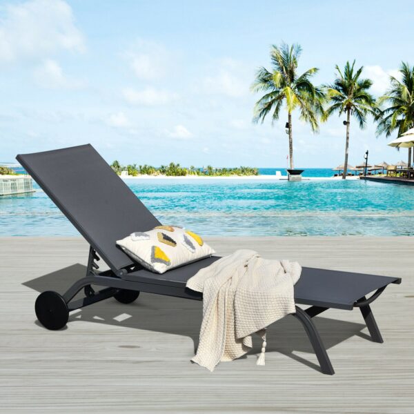 Goplus Outdoor Lounge Chair Chaise Reclining Aluminum Fabric Adjustable Gray OP70591GR 2