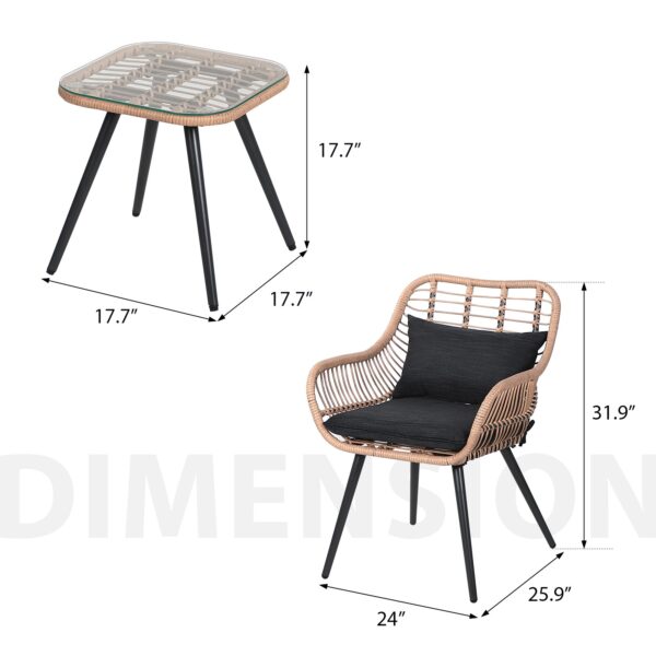 JARDINA 3PCS Outdoor Patio Wicker Rattan Furniture Bistro Conversation Set with Coffee Side Table 6