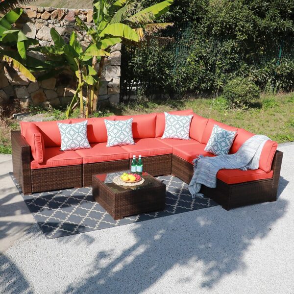 JARDINA 7PCS Outdoor Patio Furniture Sofa Wicker Furniture Set with Cushions Glass Coffee Table Single Sofa Armchair 1