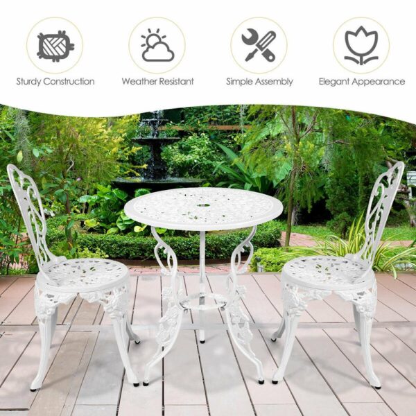 3PCS Patio Table Chairs Furniture Bistro Set Cast Aluminum Outdoor Garden White OP70330 5